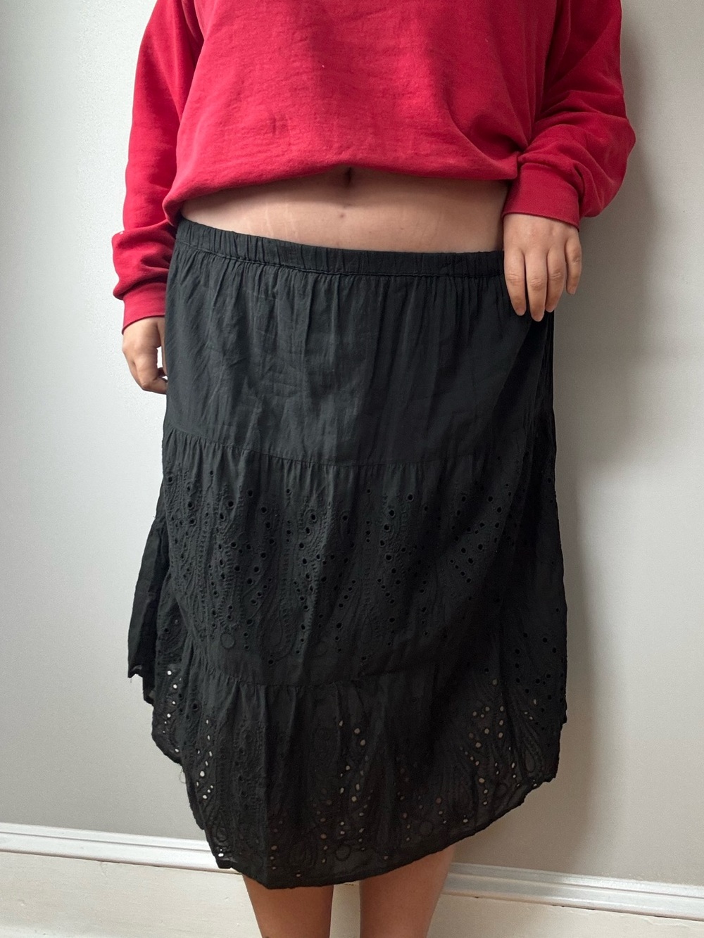 Jane Ashley Black Eyelet Tiered Midi Skirt